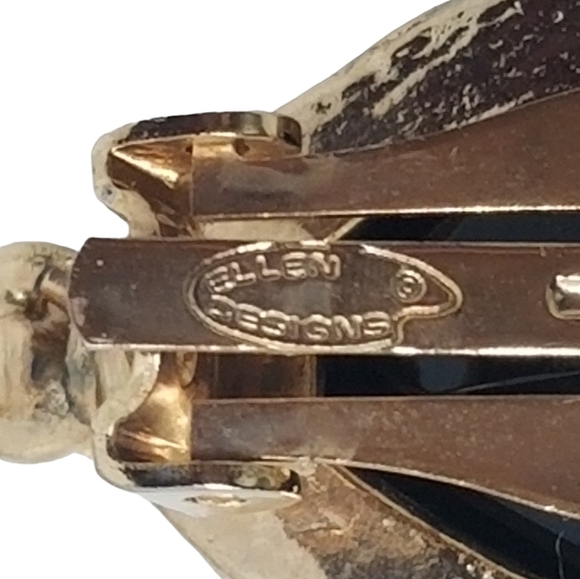 ELLEN DESIGNS VINTAGE 1980s BLACK GLASS & GOLDTONE CLIP ON STATEMENT EARRINGS - Picture 6 of 7